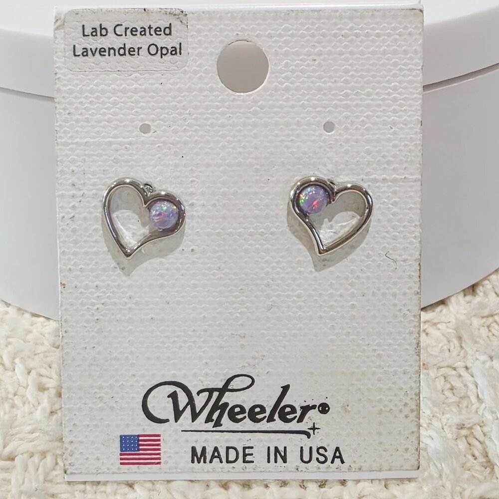 1970s Silver Open Heart Lab Created Lavender Opal Accent Stud Pierced Earrings